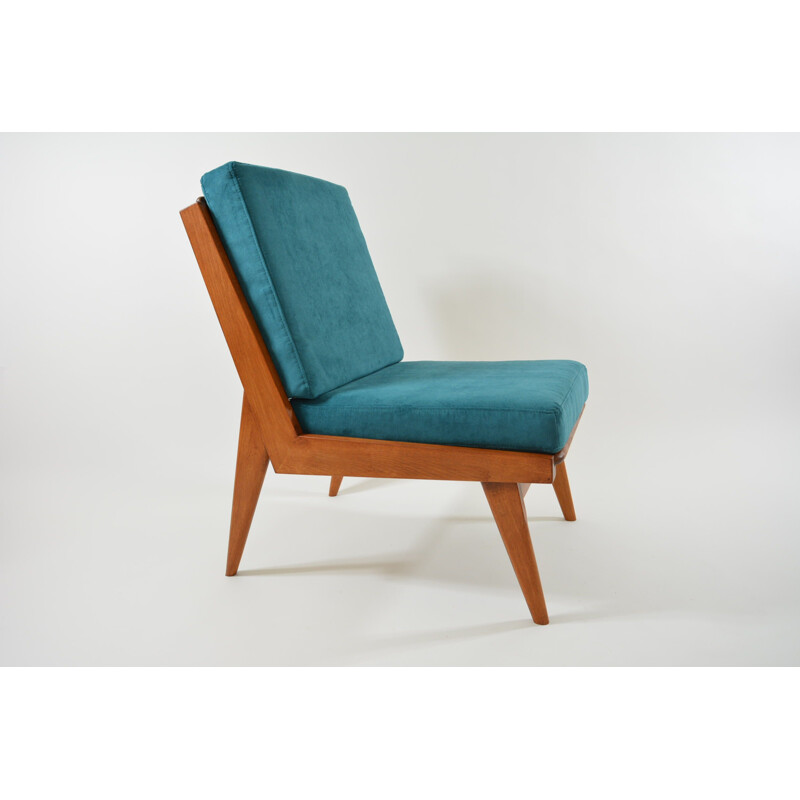 Vintage armchair in blue oil fabric and wood 1960