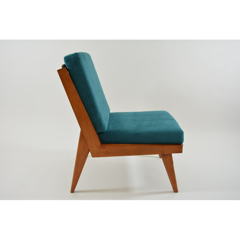 Fauteuil vintage en tissu bleu pétrole et bois 1960