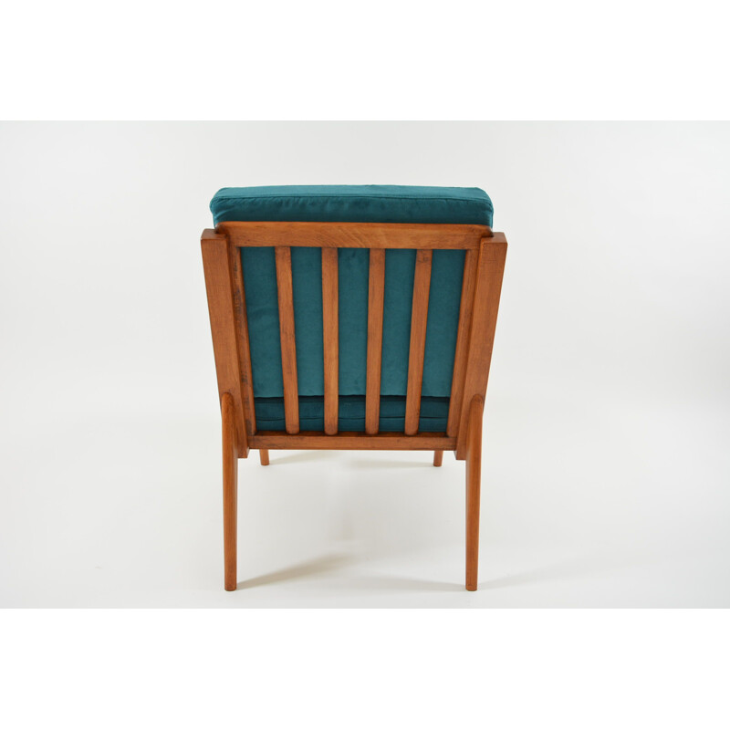 Vintage armchair in blue oil fabric and wood 1960
