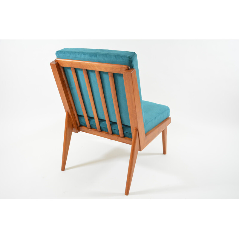 Vintage armchair in blue oil fabric and wood 1960