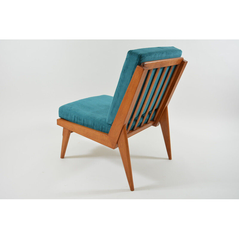 Fauteuil vintage en tissu bleu pétrole et bois 1960