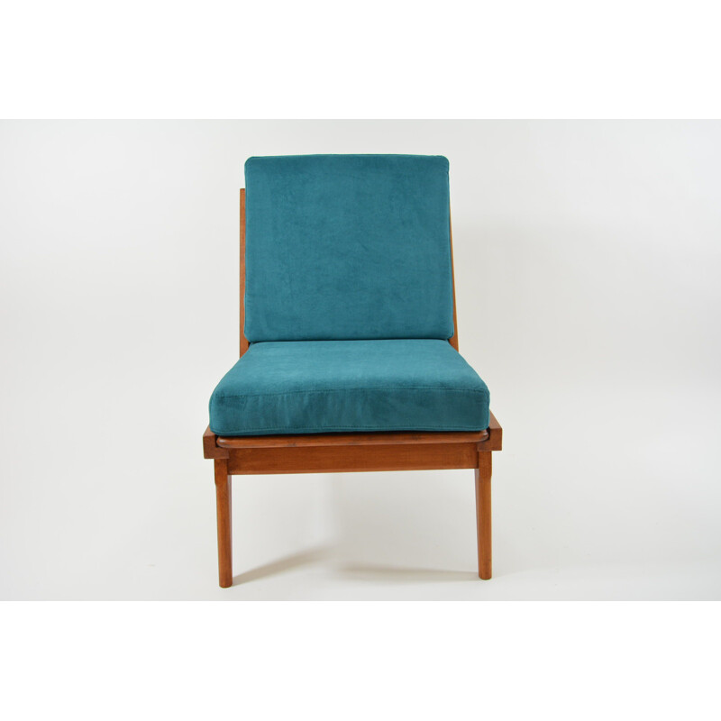 Fauteuil vintage en tissu bleu pétrole et bois 1960