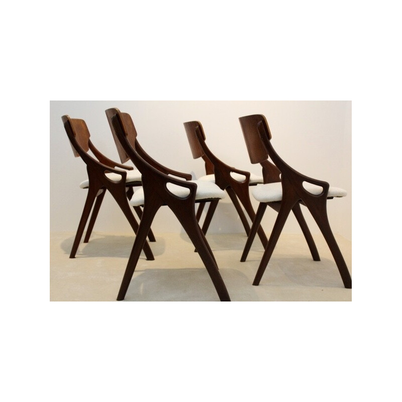 Set of 4 dining chairs in teak and white fabric, Arne HOVMAND OLSEN - 1950s