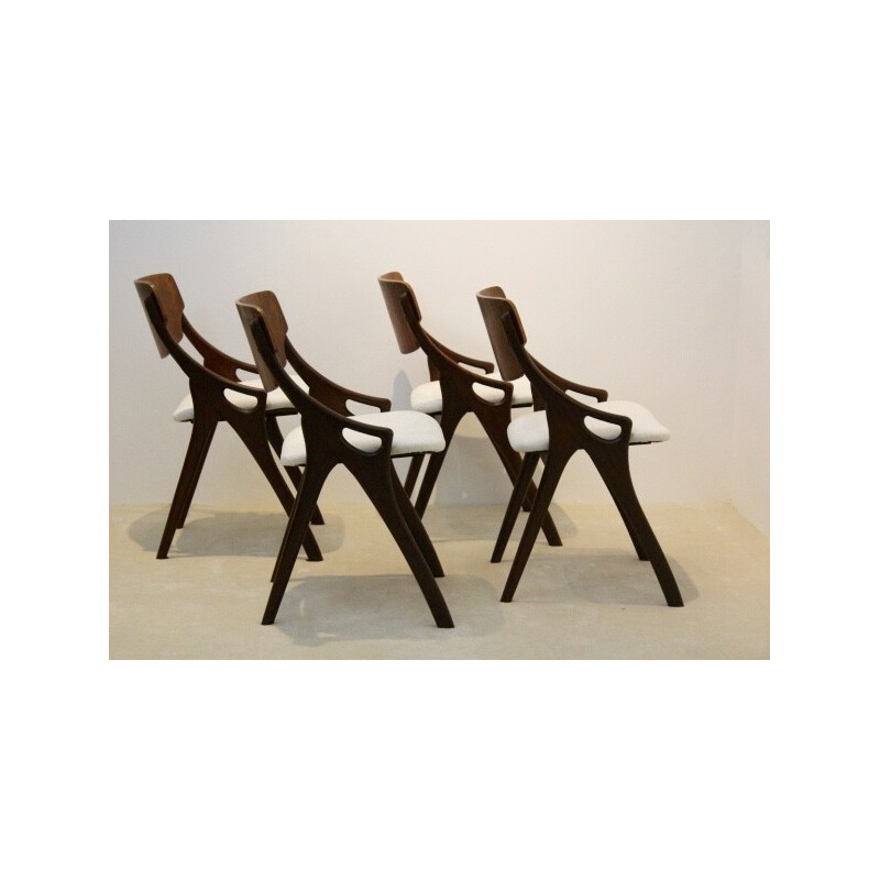 Set of 4 dining chairs in teak and white fabric, Arne HOVMAND OLSEN - 1950s