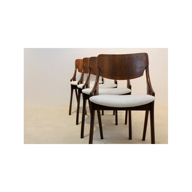 Set of 4 dining chairs in teak and white fabric, Arne HOVMAND OLSEN - 1950s