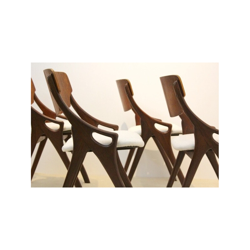 Set of 4 dining chairs in teak and white fabric, Arne HOVMAND OLSEN - 1950s