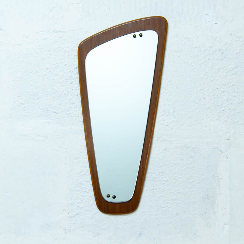 Asymmetrical vintage teak mirror