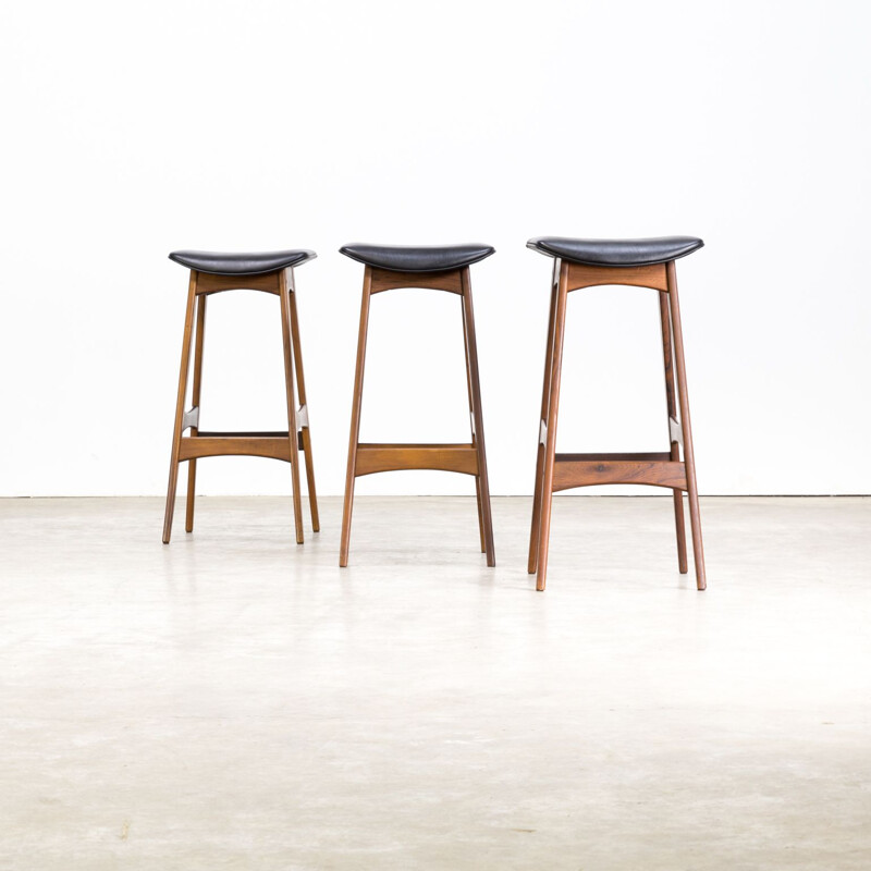 Set of 3 vintage bar stools for J. Skaaning & Son in black leatherette