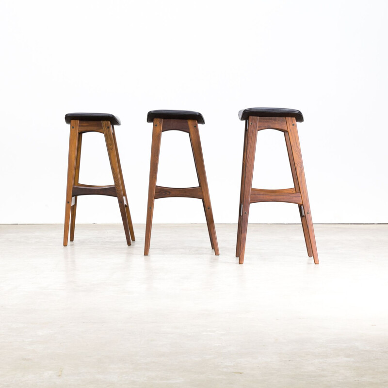 Set of 3 vintage bar stools for J. Skaaning & Son in black leatherette