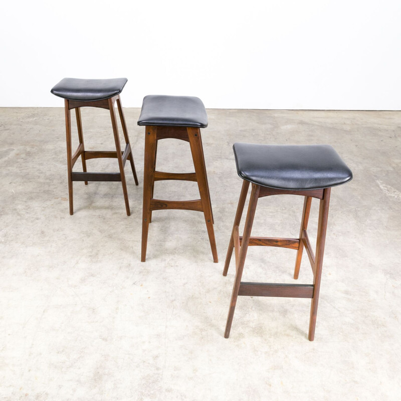 Set of 3 vintage bar stools for J. Skaaning & Son in black leatherette