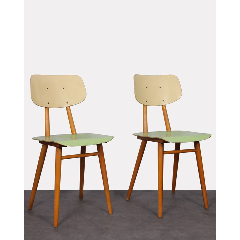 Pair of vintage green and beige chairs for TON 1960