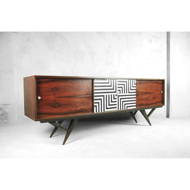 Vintage scandinavian rosewood and walnut sideboard with labyrinth patterns