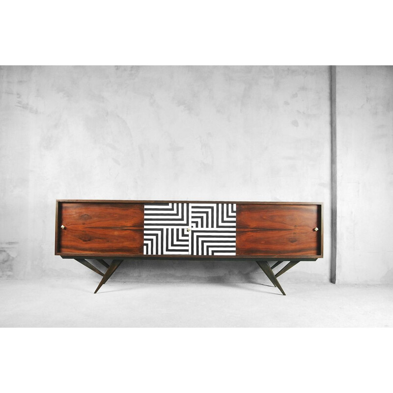 Vintage scandinavian rosewood and walnut sideboard with labyrinth patterns