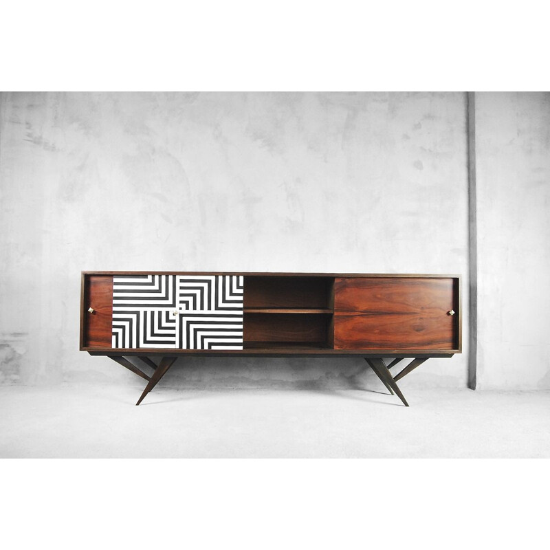 Vintage scandinavian rosewood and walnut sideboard with labyrinth patterns