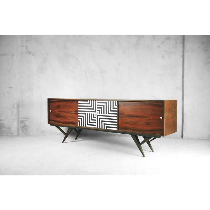 Vintage scandinavian rosewood and walnut sideboard with labyrinth patterns