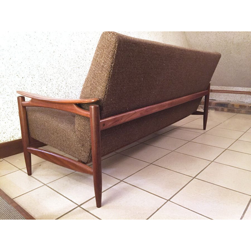 Vintage scandinavian sofa in teak and brown fabric 1960