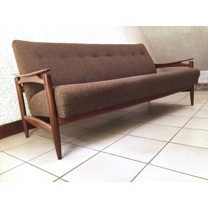 Vintage scandinavian sofa in teak and brown fabric 1960