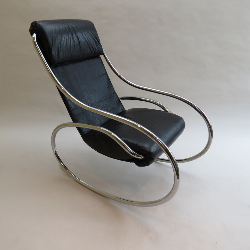 Rocking Chair vintage Chrome et cuir noir par Heals 1970