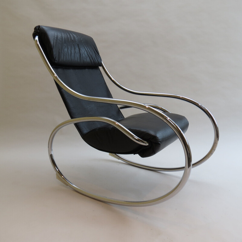 Chrome and Black Leather Rocking Chair by Heals 1970