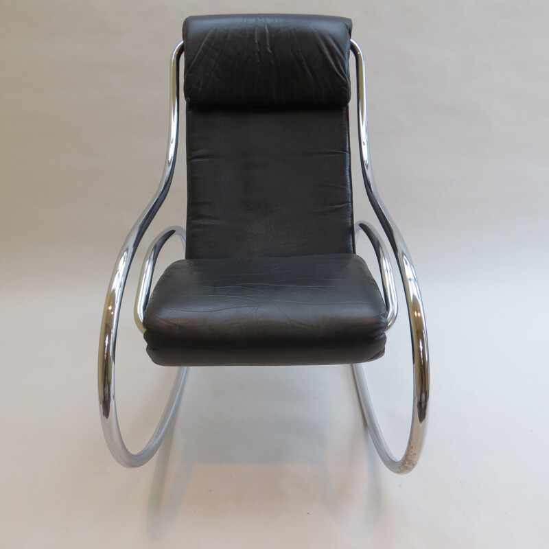 Rocking Chair vintage Chrome et cuir noir par Heals 1970