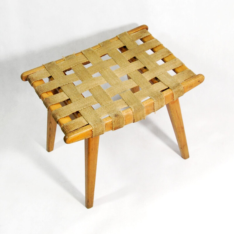 Tabouret Moderniste avec assise tressée, Allemagne 1960