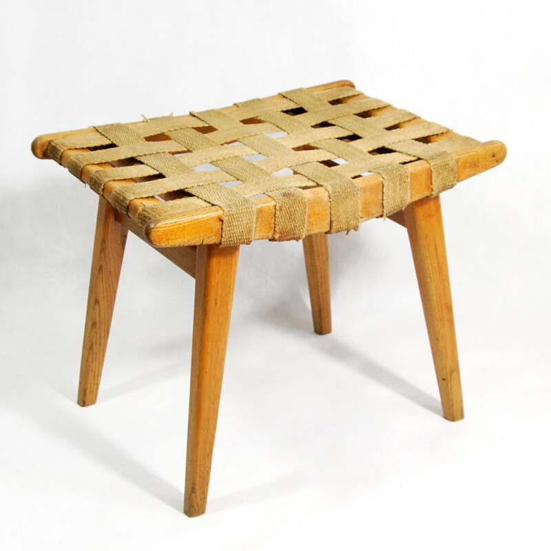 Tabouret Moderniste avec assise tressée, Allemagne 1960