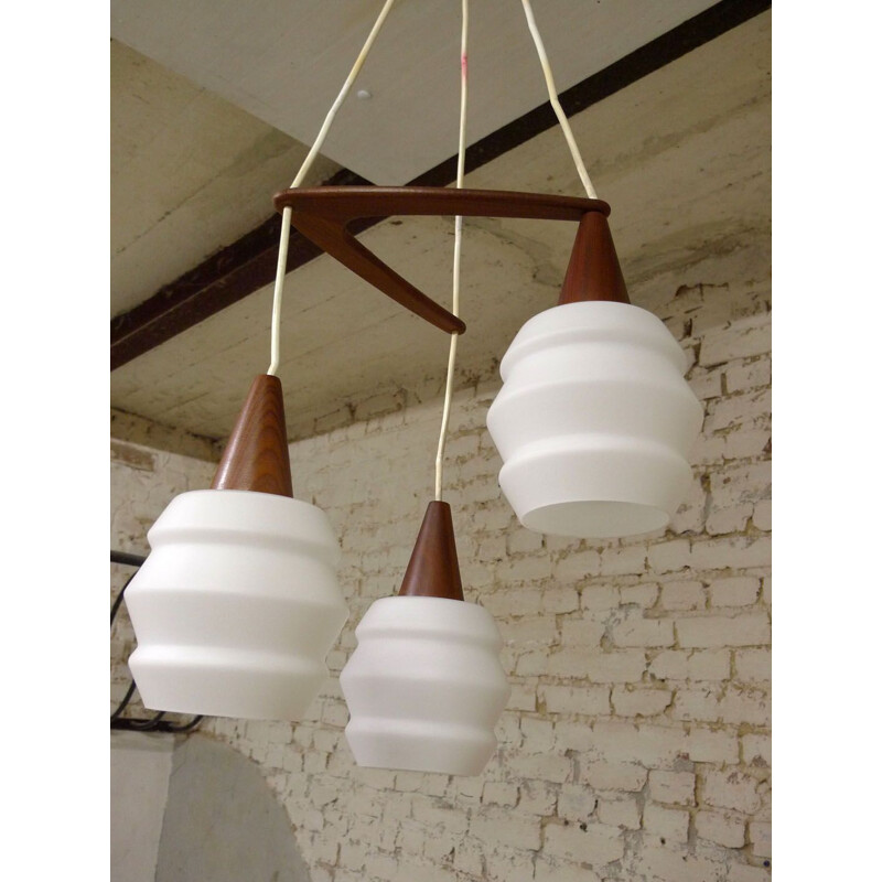 Vintage teak and opaline chandelier "Philips", 1960