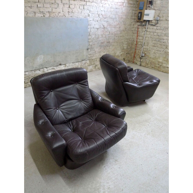Suite de 2 fauteuils vintage en cuir par Michel Cadestin pour Airborne