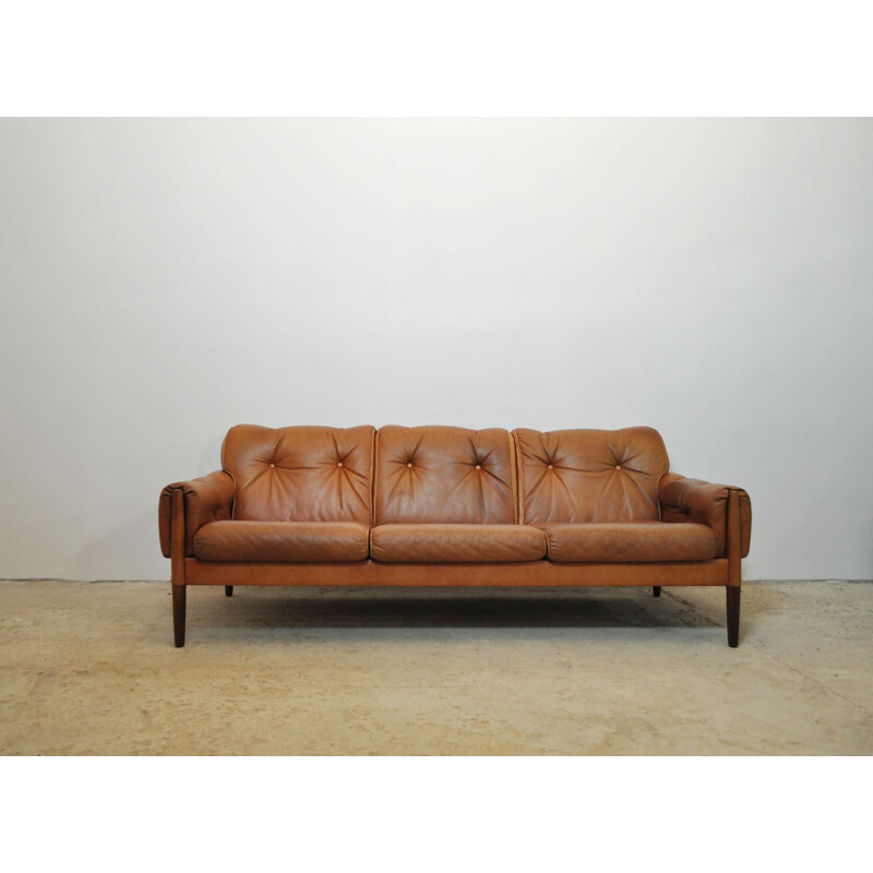 Scandinavian Cognac brown Leather and Rosewood 3 seater sofa