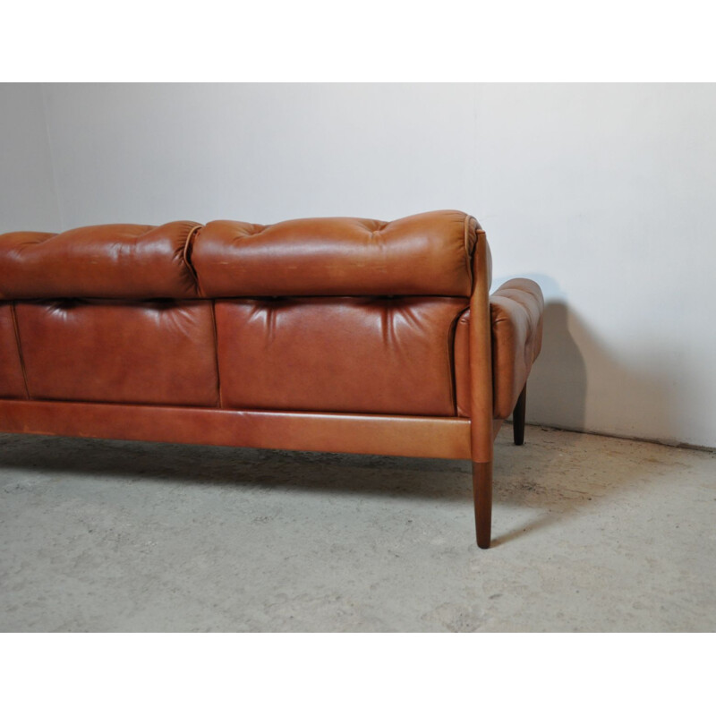 Scandinavian Cognac brown Leather and Rosewood 3 seater sofa