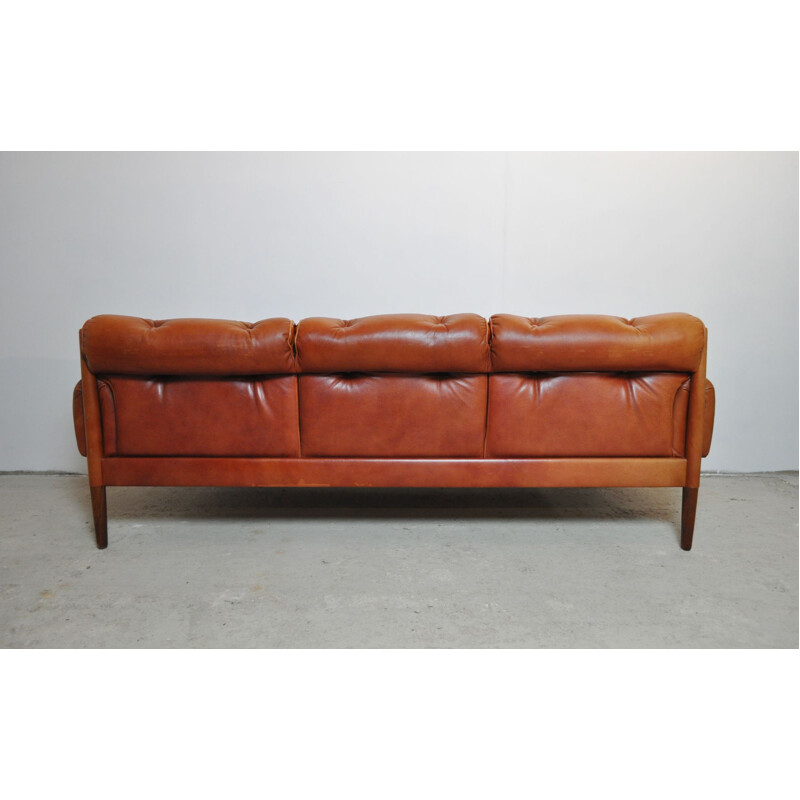 Scandinavian Cognac brown Leather and Rosewood 3 seater sofa