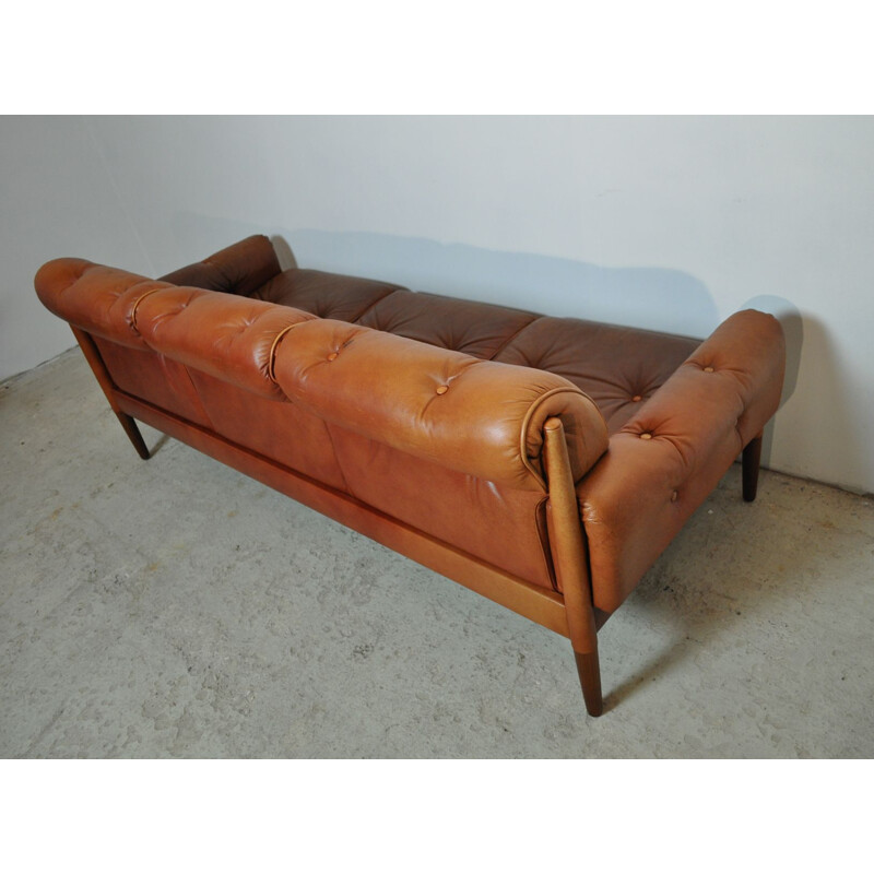 Scandinavian Cognac brown Leather and Rosewood 3 seater sofa