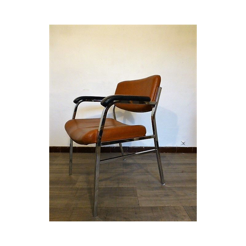 Vintage Brown leatherette and metal armchair 