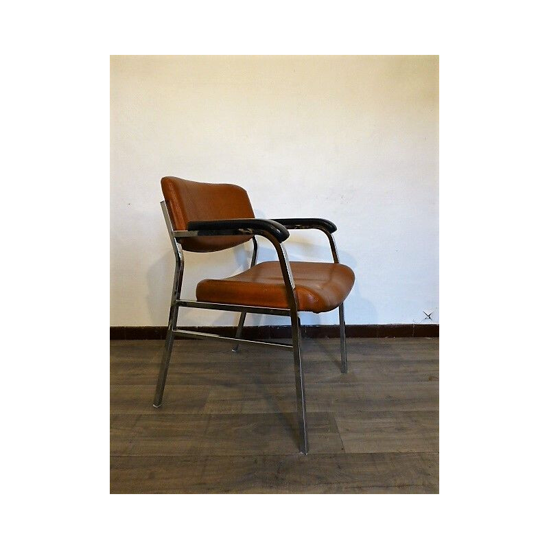 Bruine skai en metalen vintage fauteuil