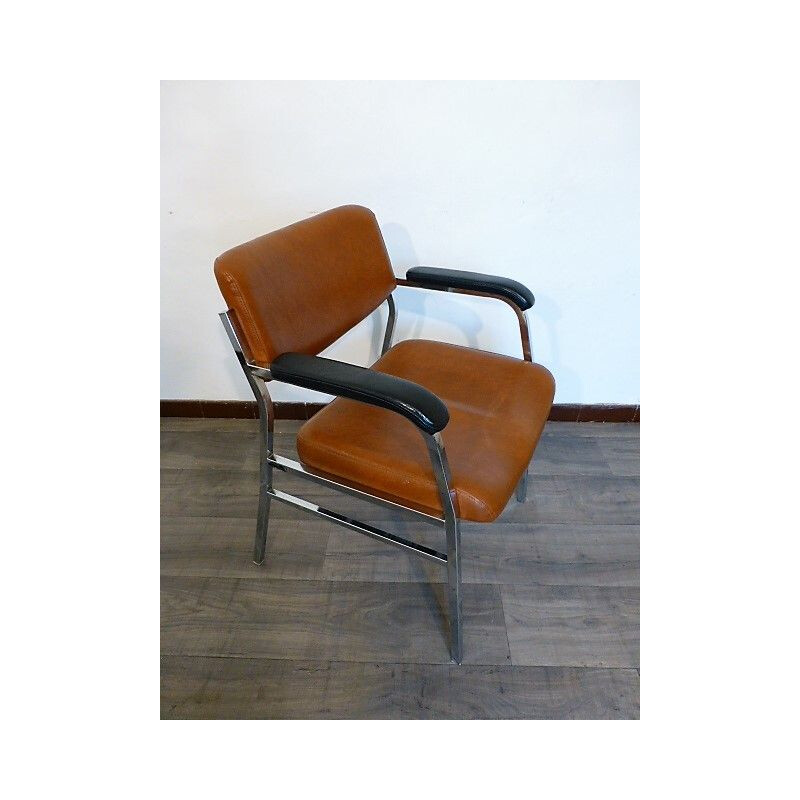 Vintage Brown leatherette and metal armchair 