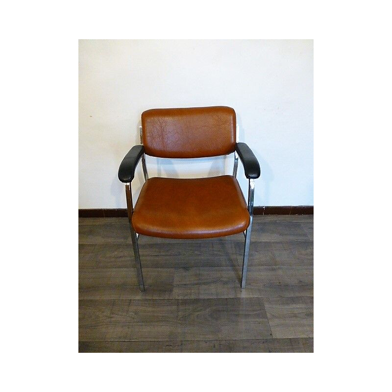 Vintage Brown leatherette and metal armchair 