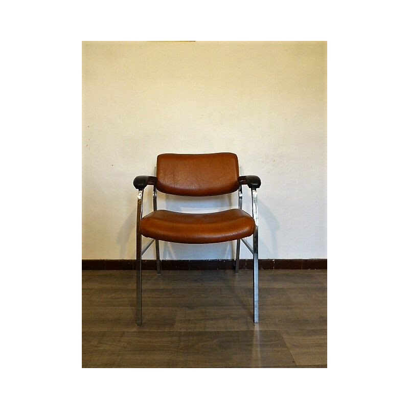 Vintage Brown leatherette and metal armchair 