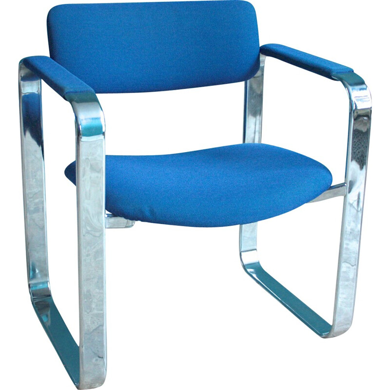 Set of 4 Mobel Italia armchairs in chrome steel and blue woolen fabric, Eero AARNIO - 1960s