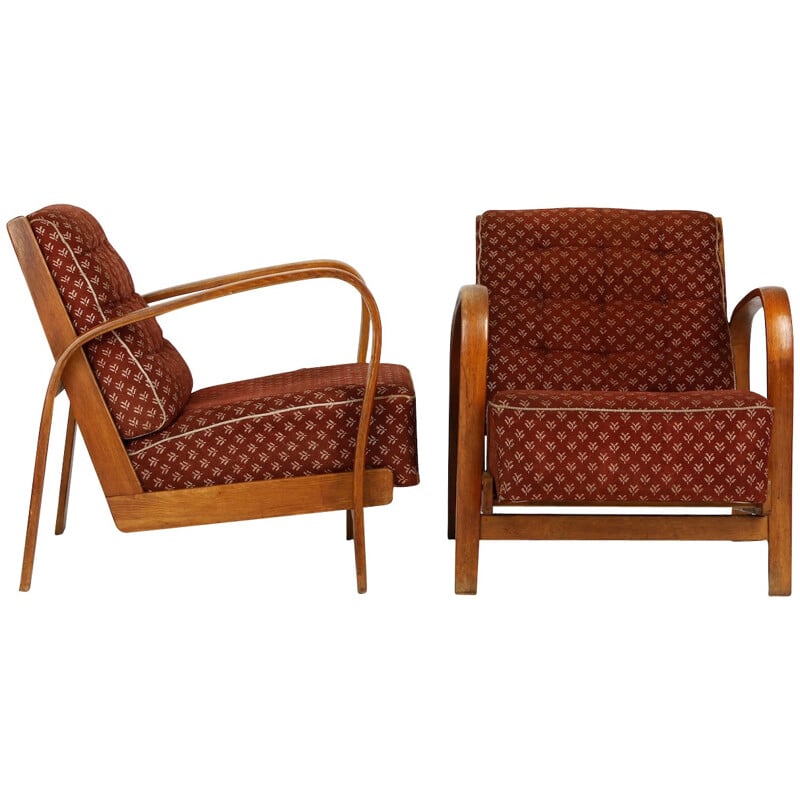 Armchairs in wood and leather, KROPACEK & KUZELKA -1950s