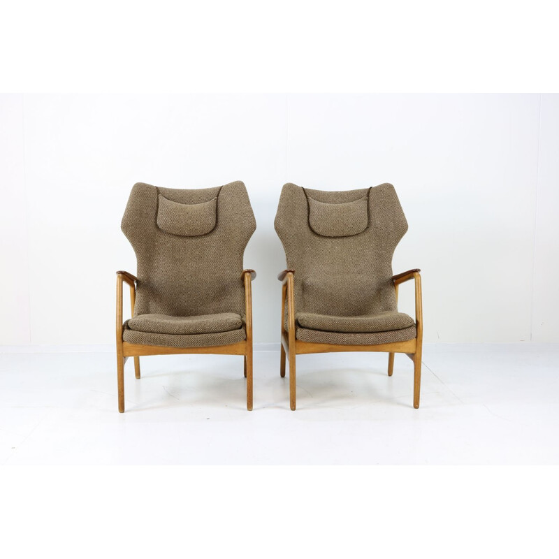 Set of 2 vintage teakwood and oakwood wingback chair for Bovenkamp 