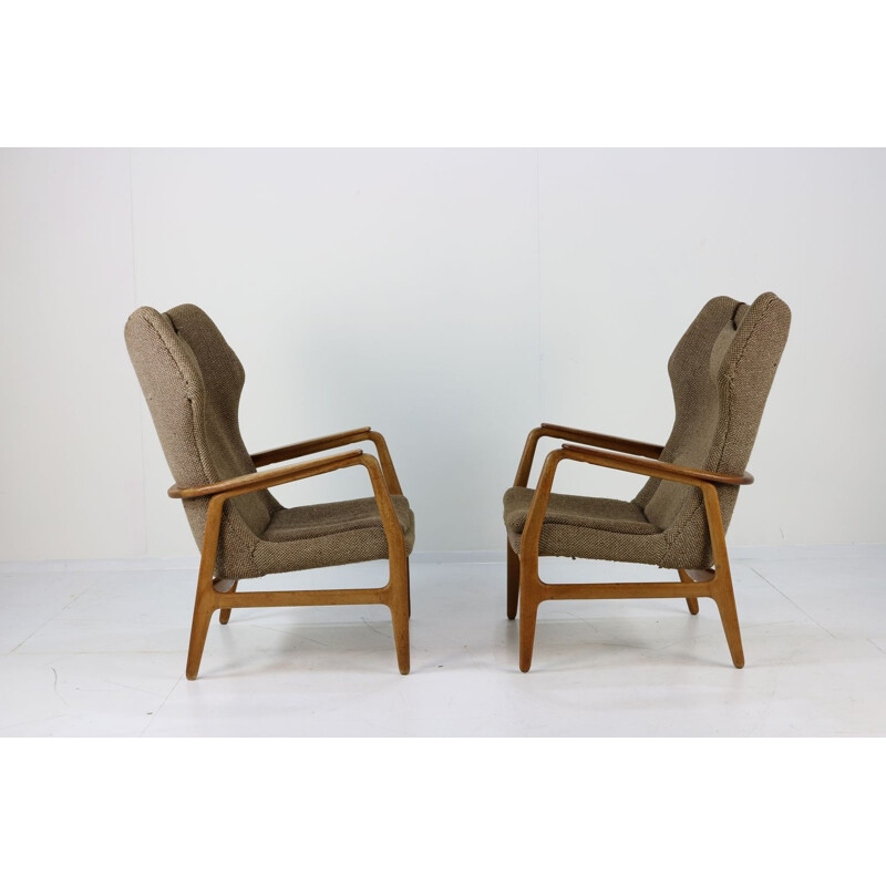 Set of 2 vintage teakwood and oakwood wingback chair for Bovenkamp 