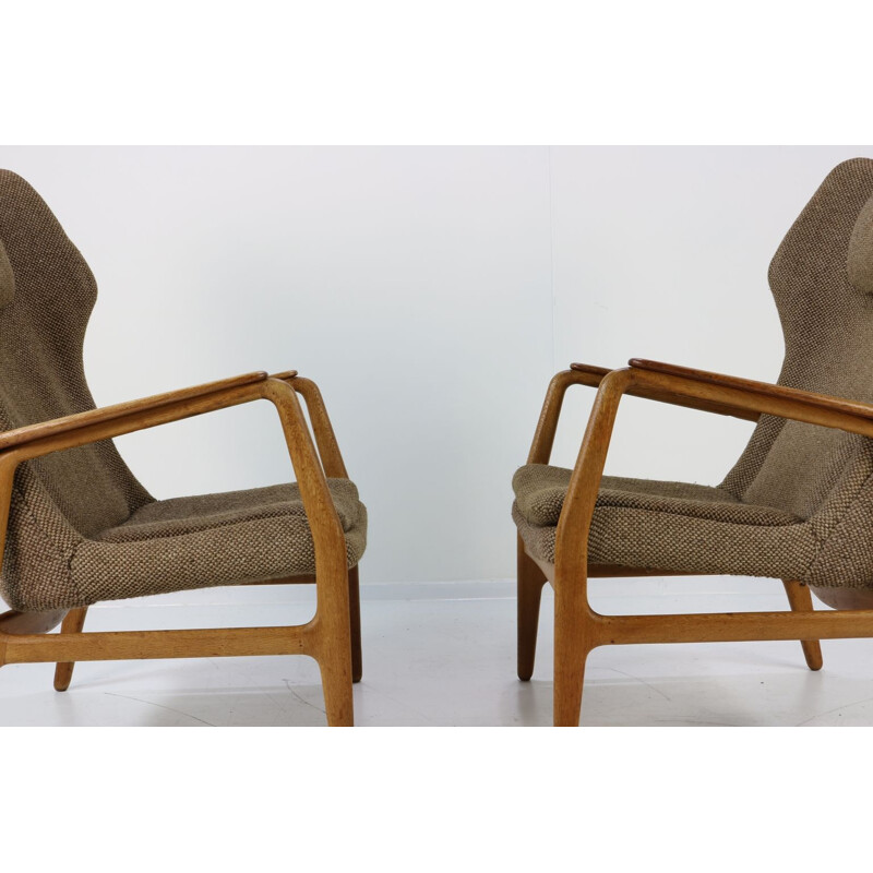 Set of 2 vintage teakwood and oakwood wingback chair for Bovenkamp 