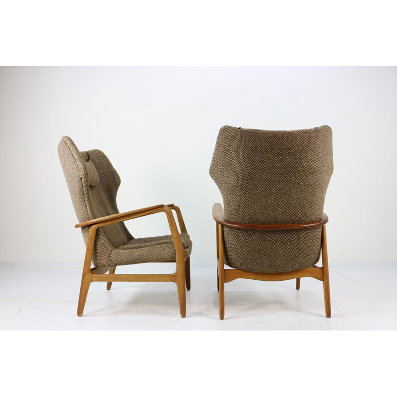 Set of 2 vintage teakwood and oakwood wingback chair for Bovenkamp 