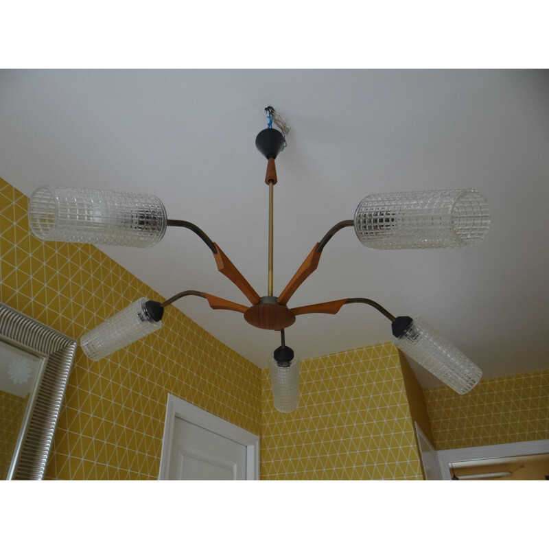 Vintage Scandinavian teak and glass Chandelier