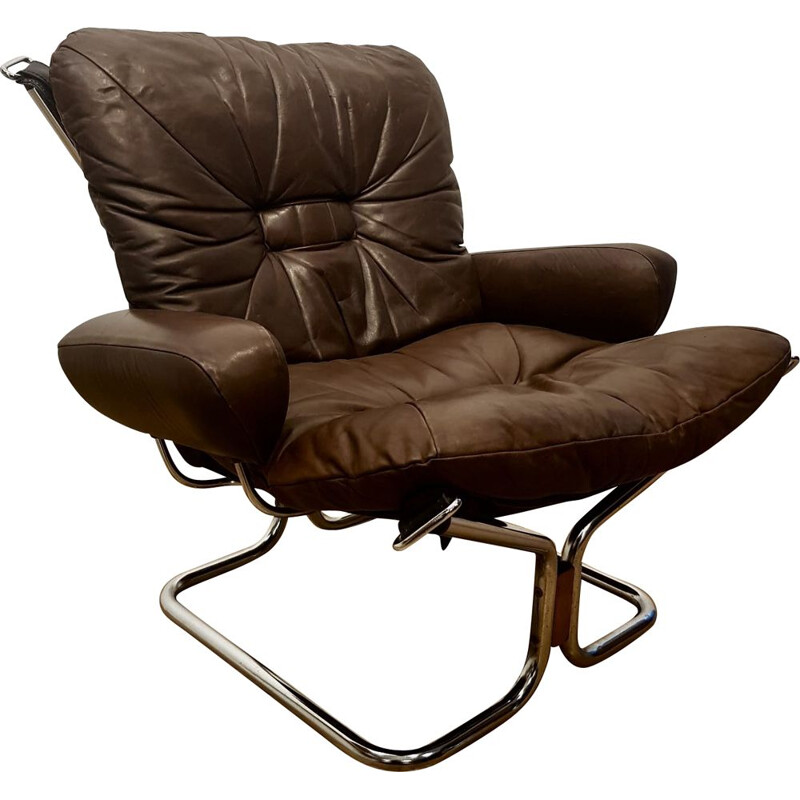 Vintage armchair for Westnofa in chocolate brown leather 1970