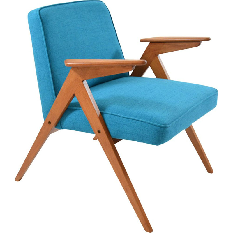 Vintage Bunny armchair in blue-green fabric and wood 1960