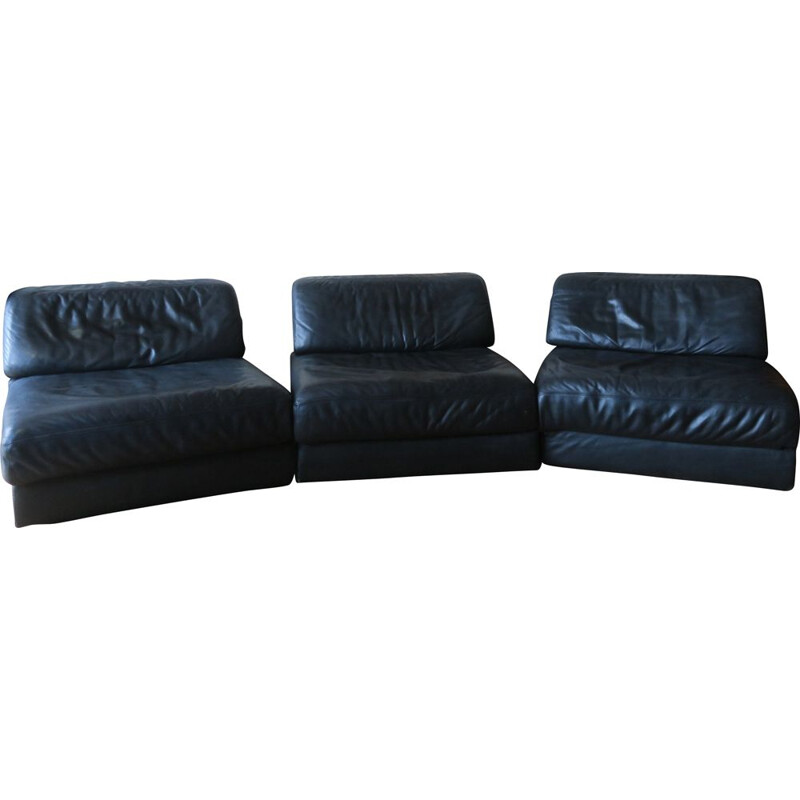 Set of 3 vintage modular black leather armchairs for De Sede 1970s