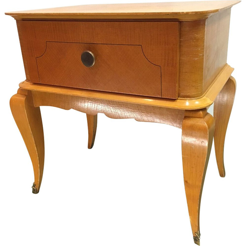 Table de chevet vintage française en bois et laiton 1960