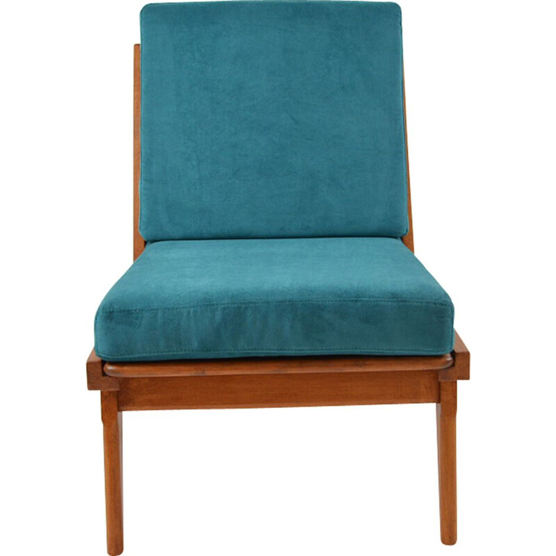 Vintage armchair in blue oil fabric and wood 1960