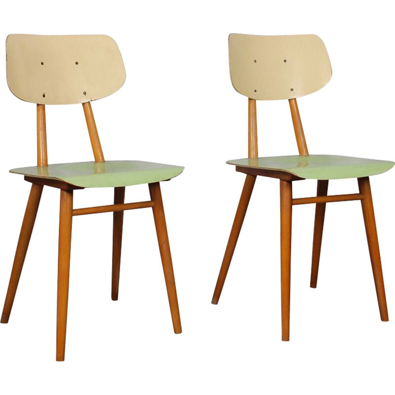 Pair of vintage green and beige chairs for TON 1960